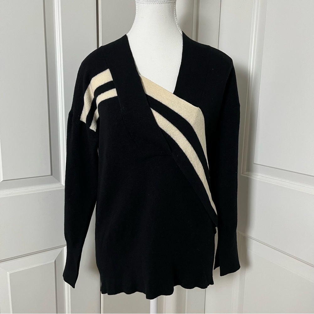 Rag & Bone Grace V-Neck Sweater Black Ivory Striped Merino Wool XS/S